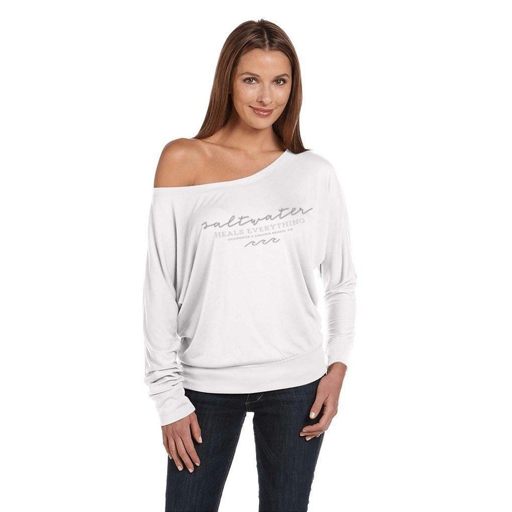BNWT-Saltwater Heals Everything Flowy off shoulder Top in White.